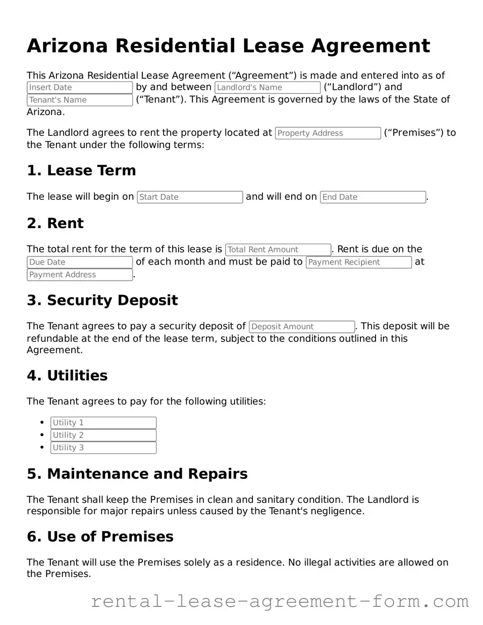Legal Arizona Residential Lease Agreement Template