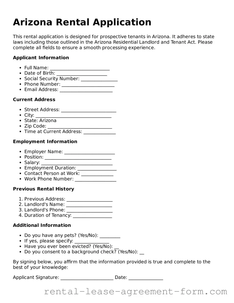 Legal Arizona Rental Application Template