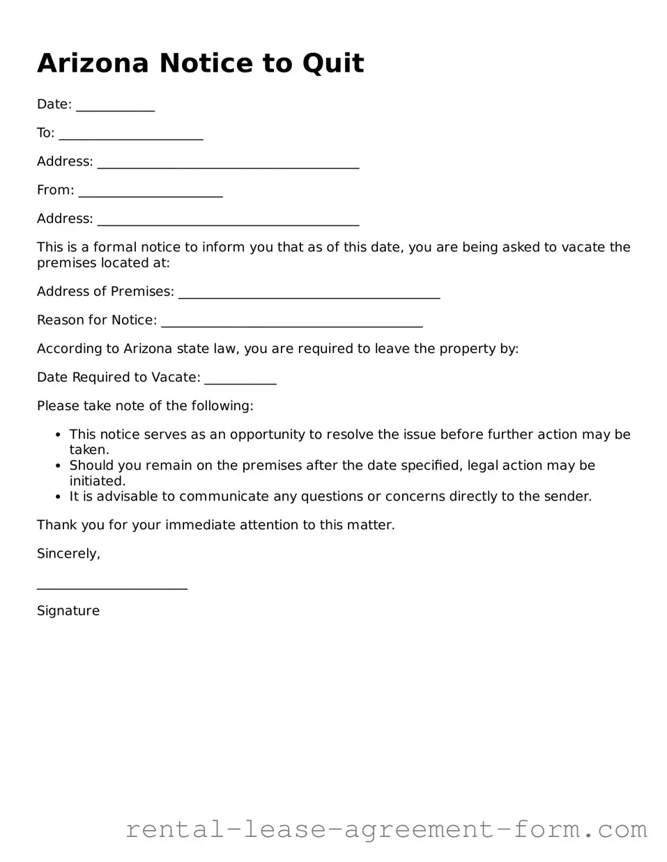 Legal Arizona Notice to Quit Template