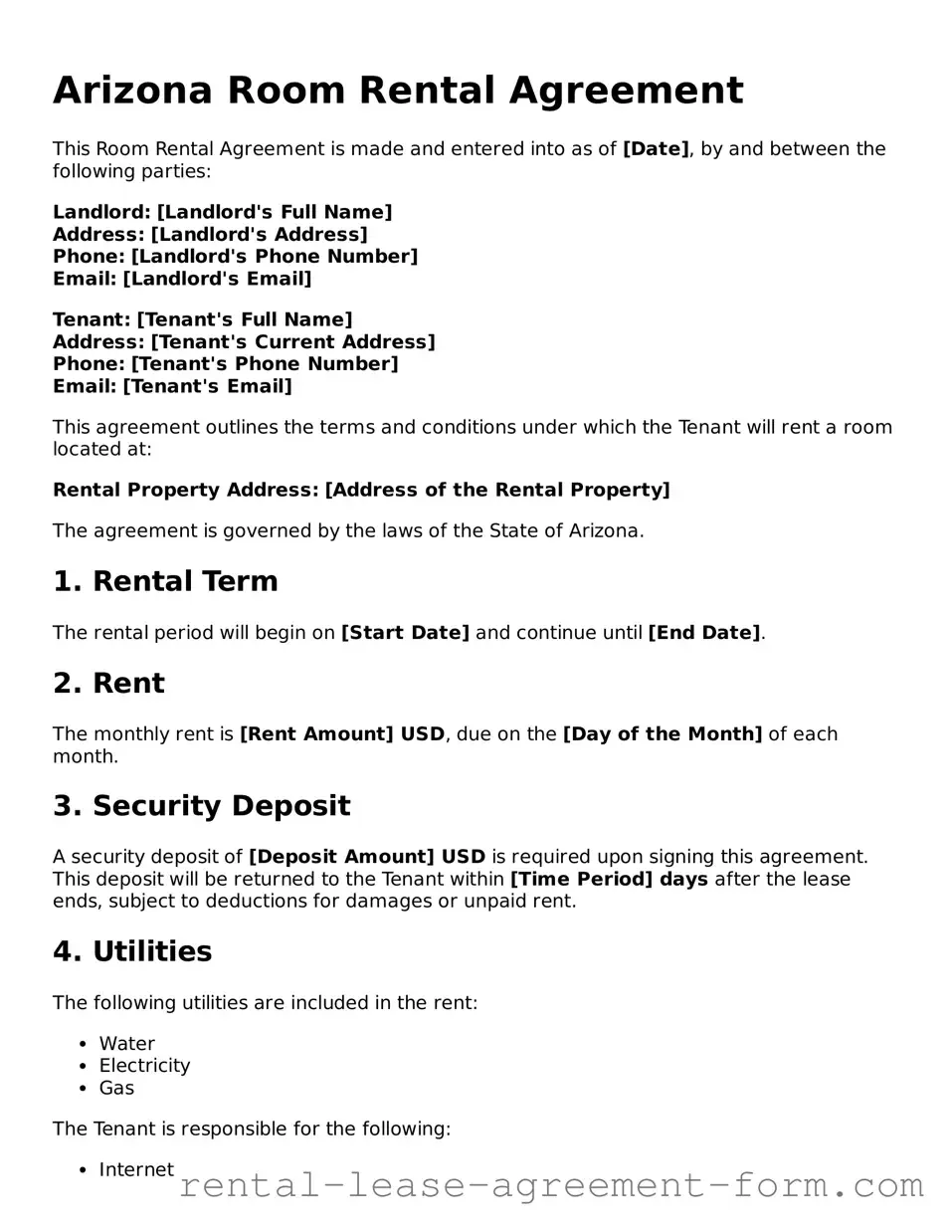 Legal Arizona Room Rental Agreement Template