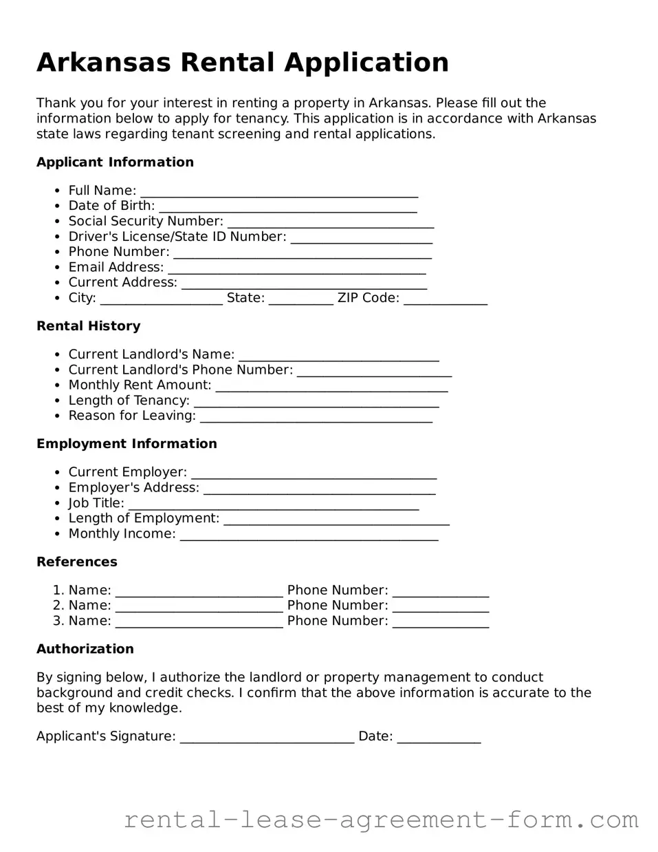 Legal Arkansas Rental Application Template