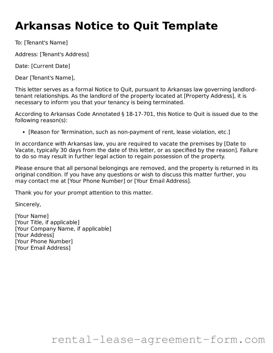 Legal Arkansas Notice to Quit Template