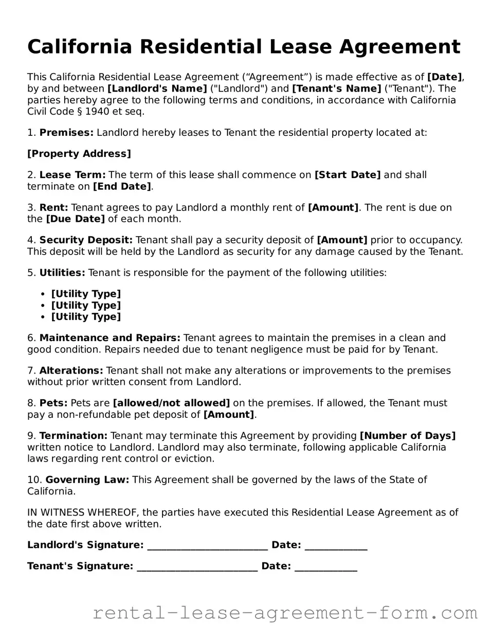Legal California Residential Lease Agreement Template