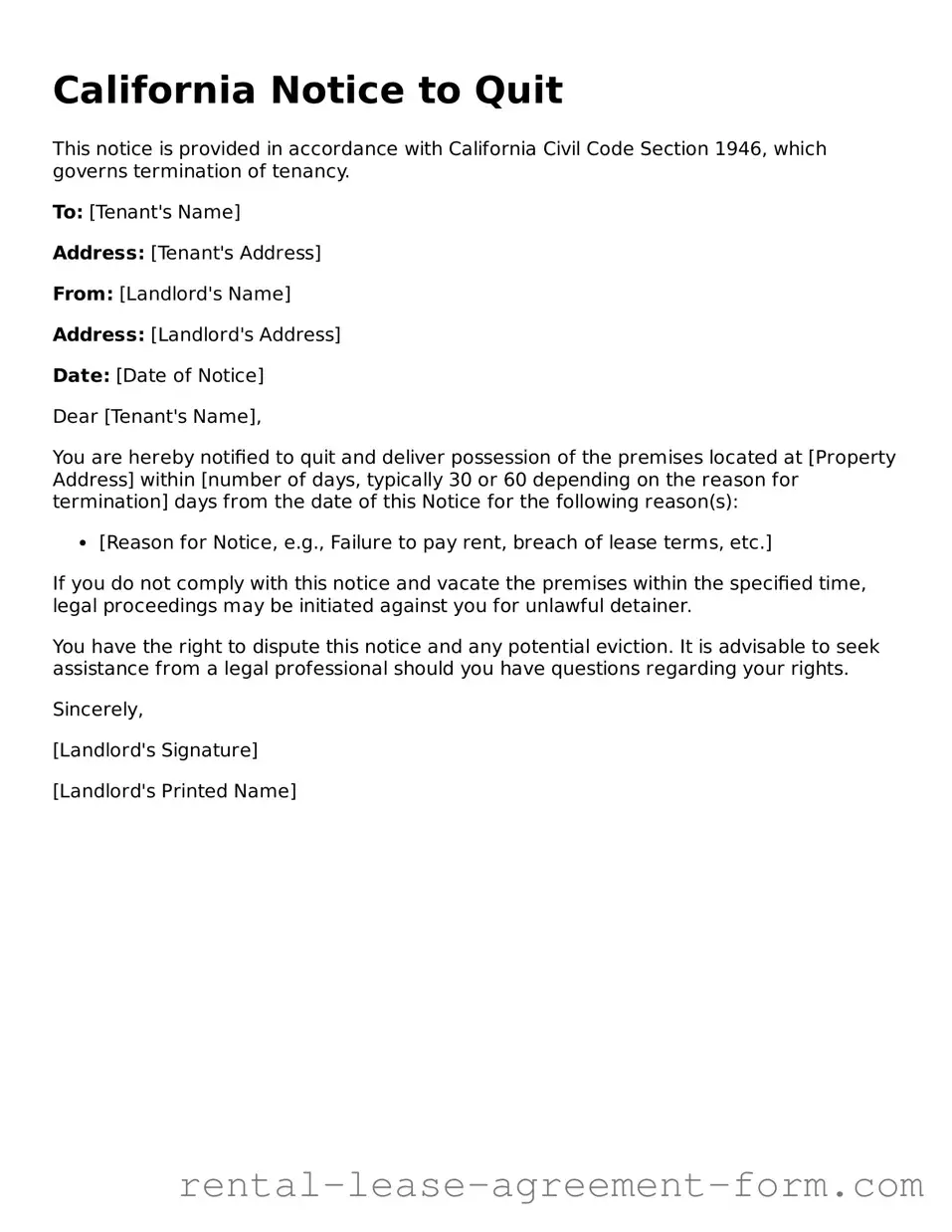 Legal California Notice to Quit Template