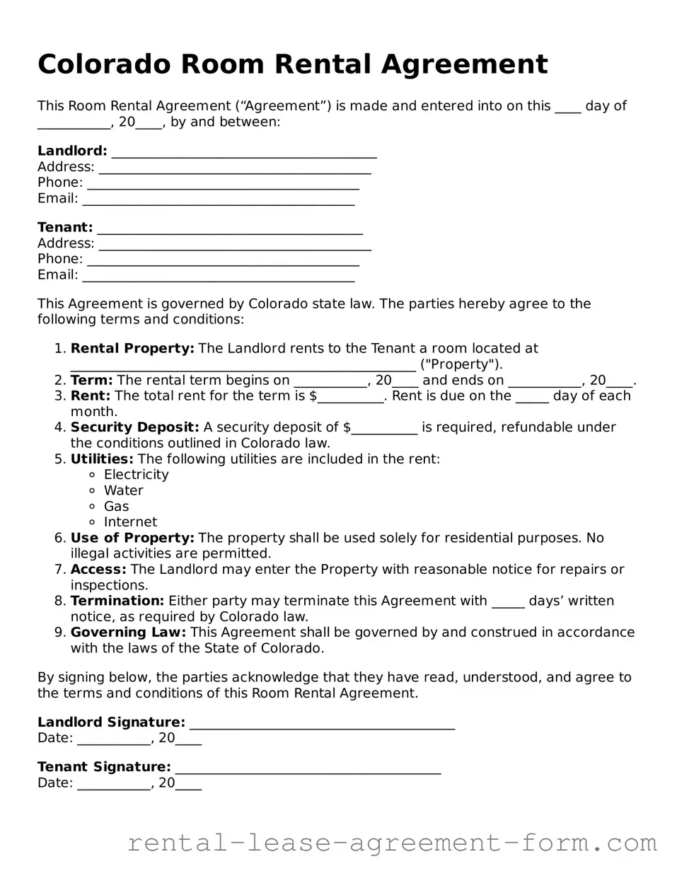 Legal Colorado Room Rental Agreement Template