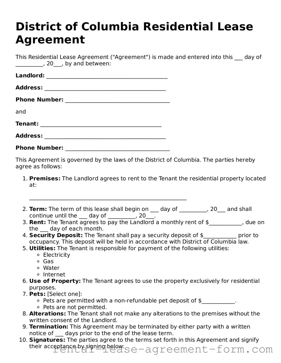 Legal District of Columbia Residential Lease Agreement Template