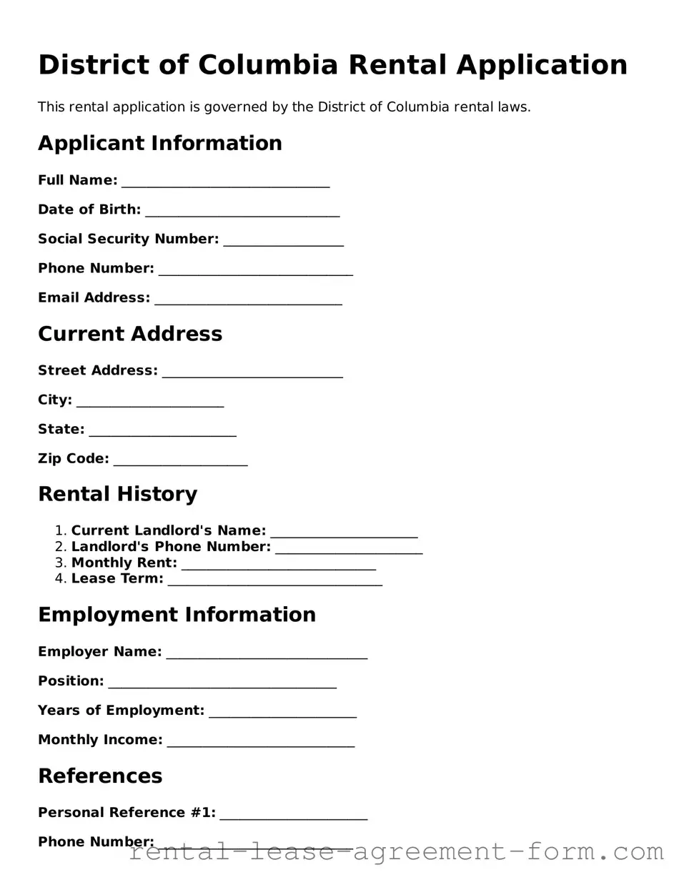 Legal District of Columbia Rental Application Template