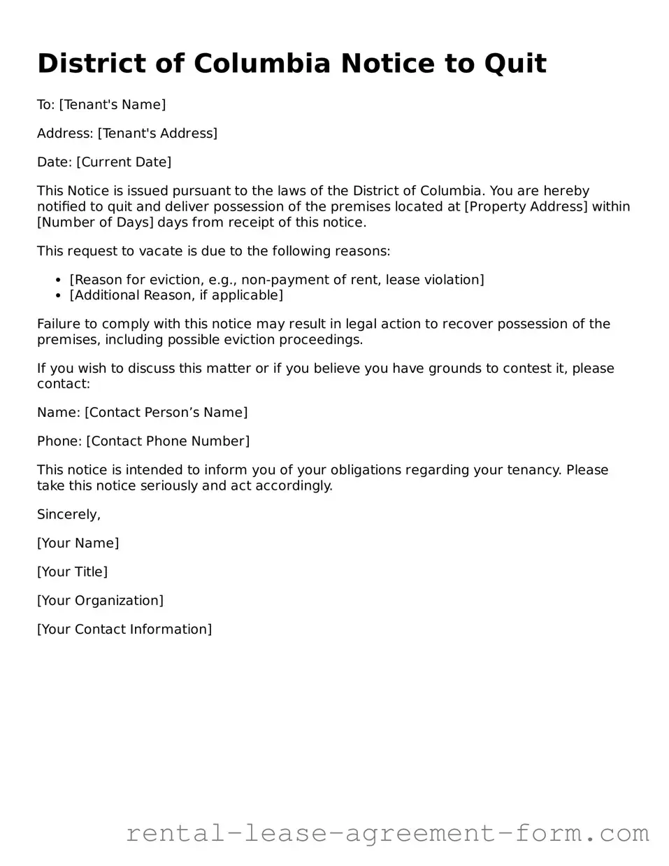 Legal District of Columbia Notice to Quit Template