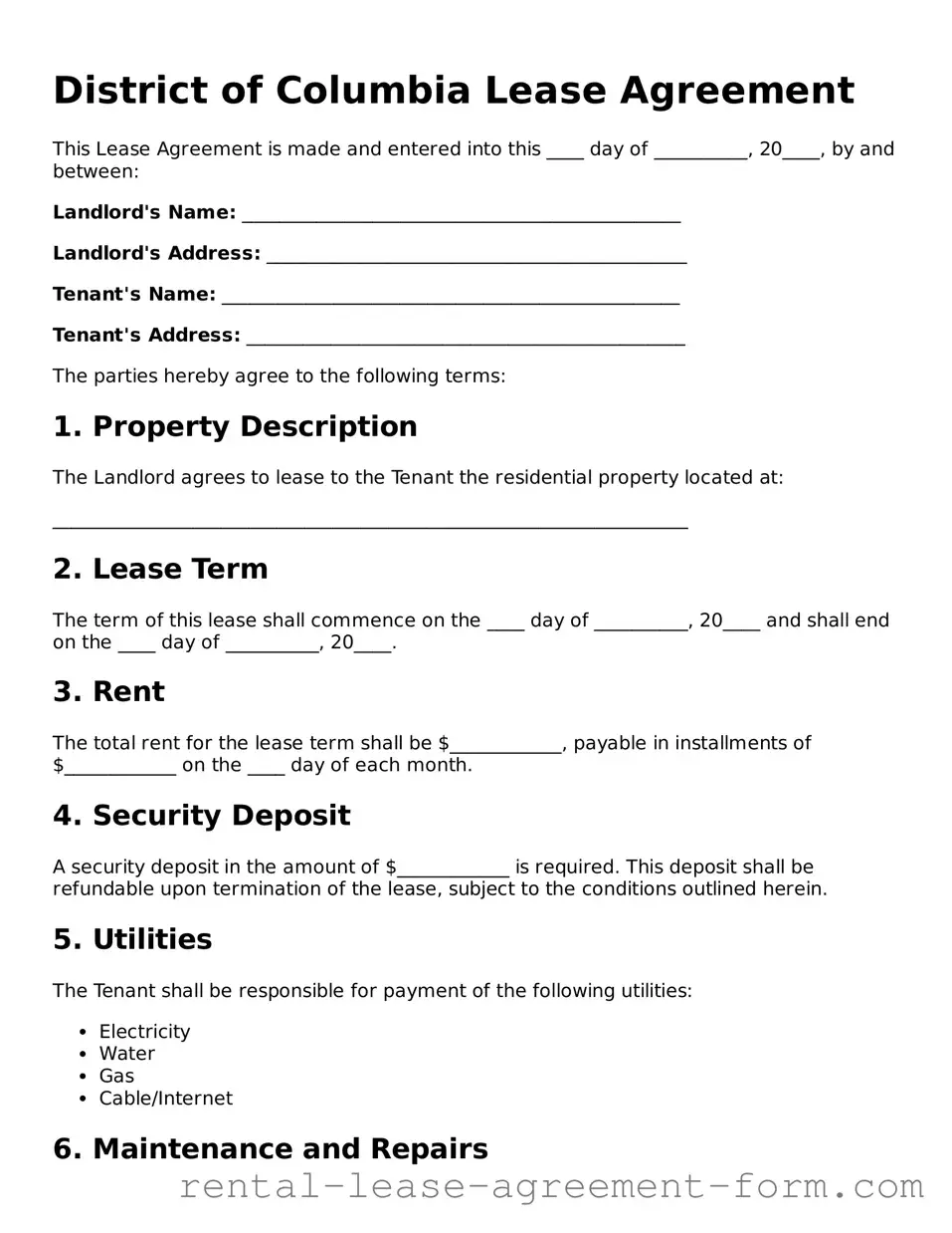Legal District of Columbia Lease Agreement Template
