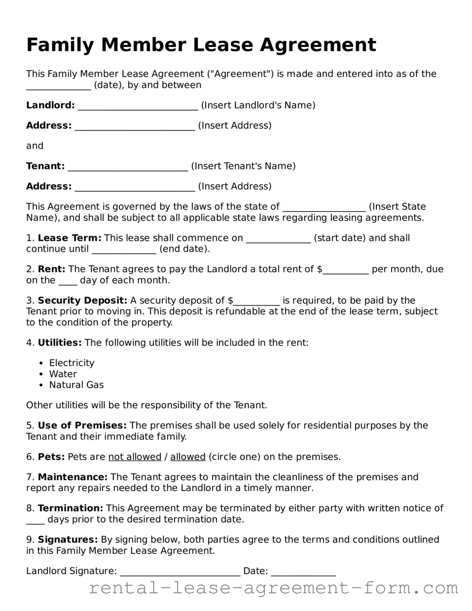 Legal Family Member Lease Agreement Form