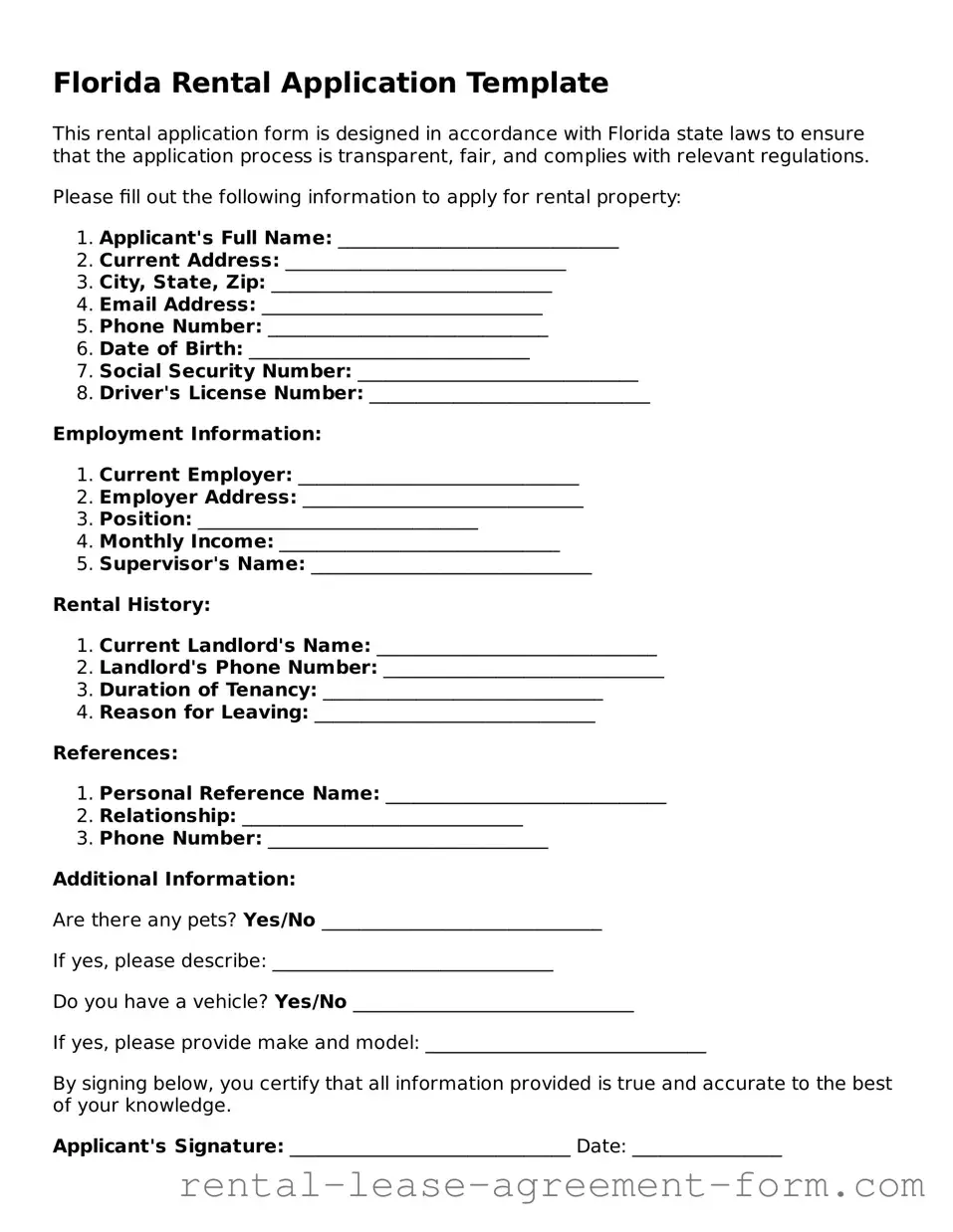 Legal Florida Rental Application Template