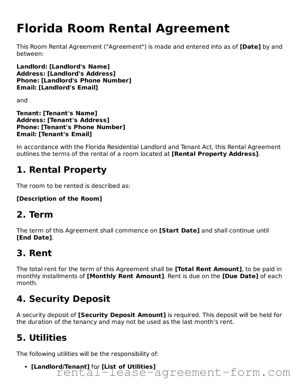 Legal Florida Room Rental Agreement Template