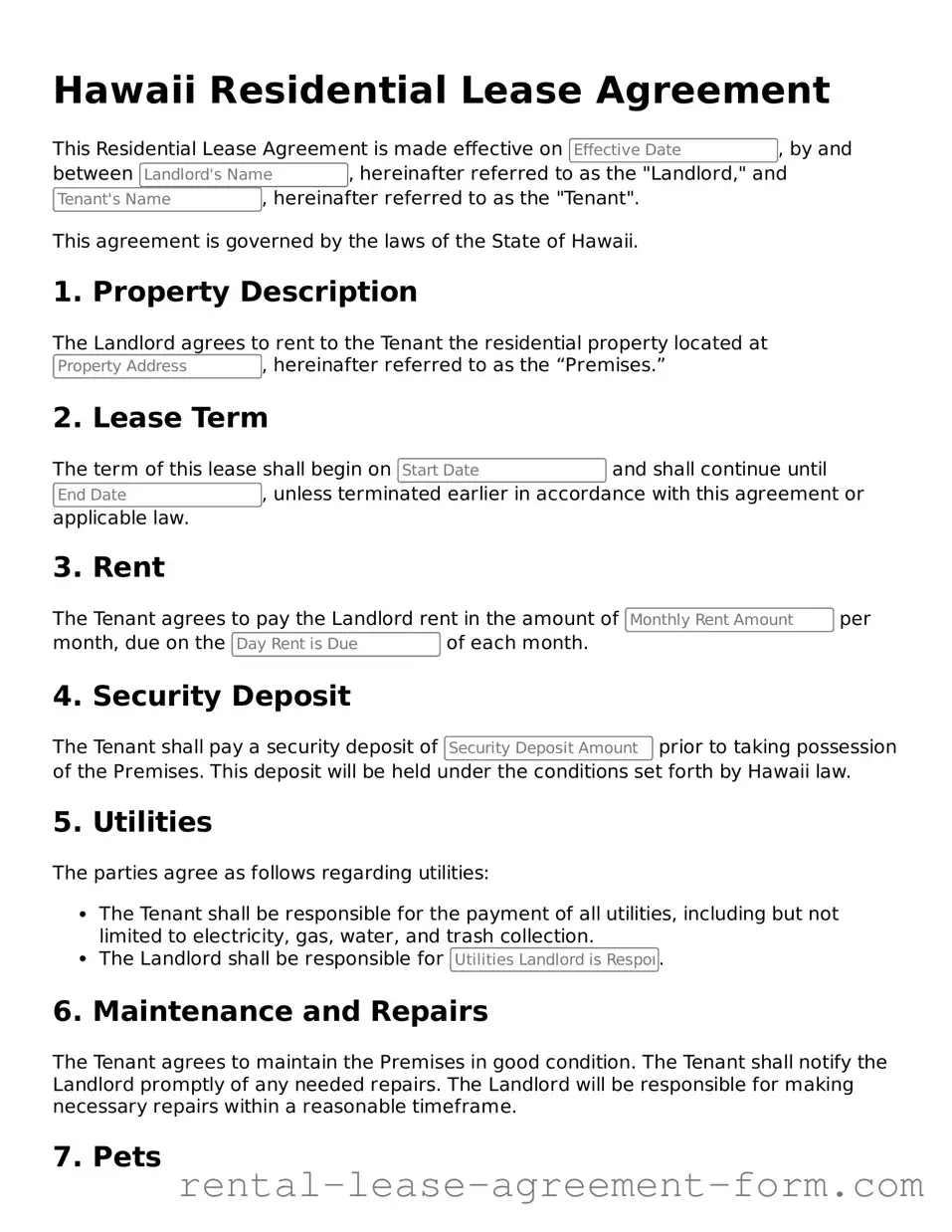 Legal Hawaii Residential Lease Agreement Template