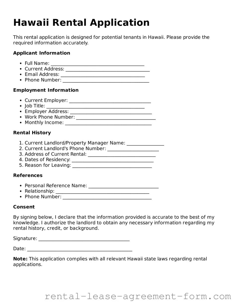 Legal Hawaii Rental Application Template