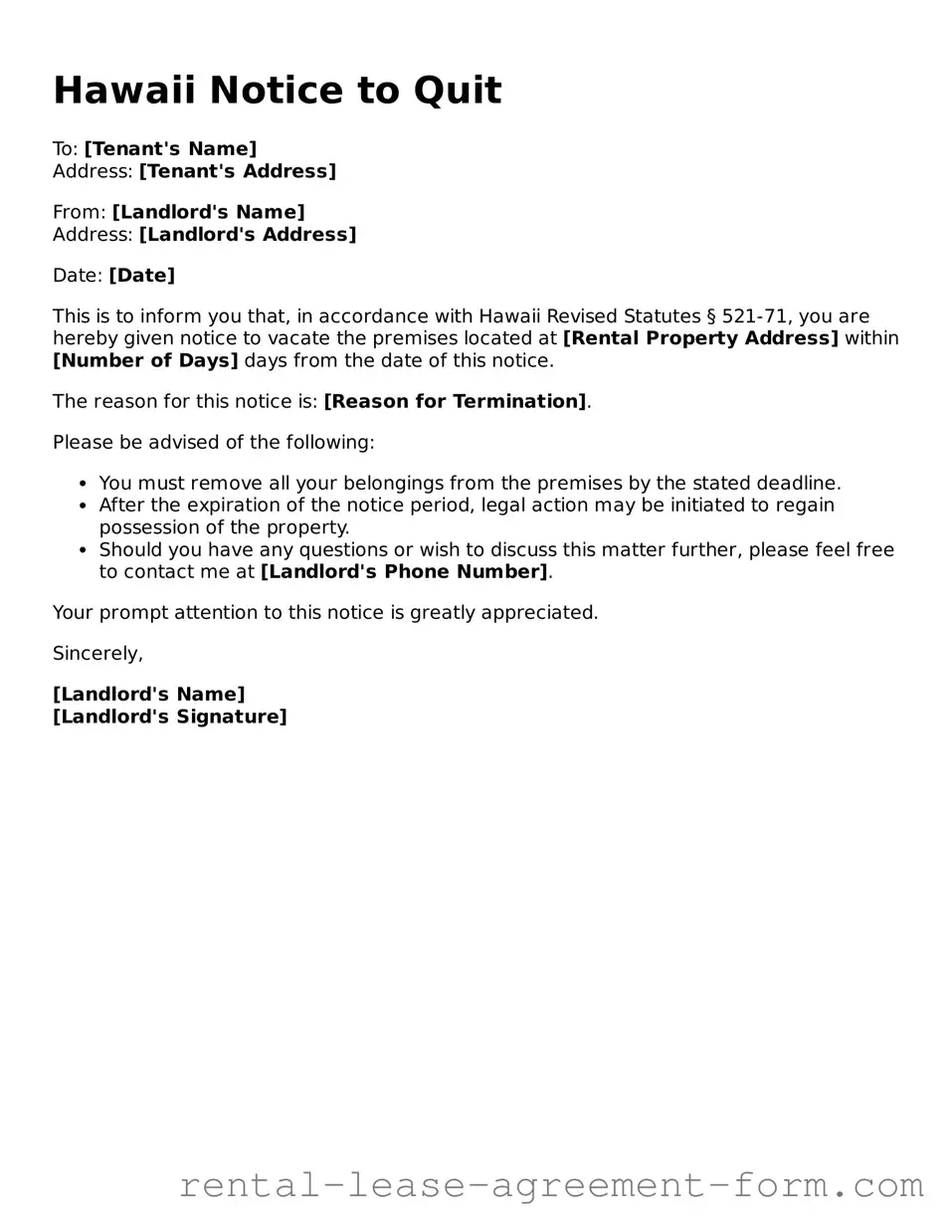 Legal Hawaii Notice to Quit Template
