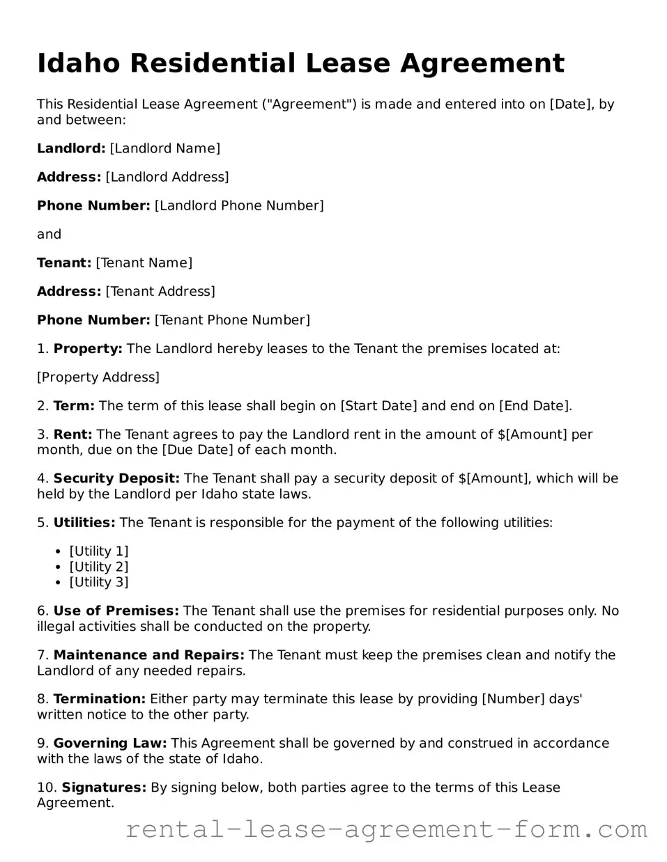 Legal Idaho Residential Lease Agreement Template