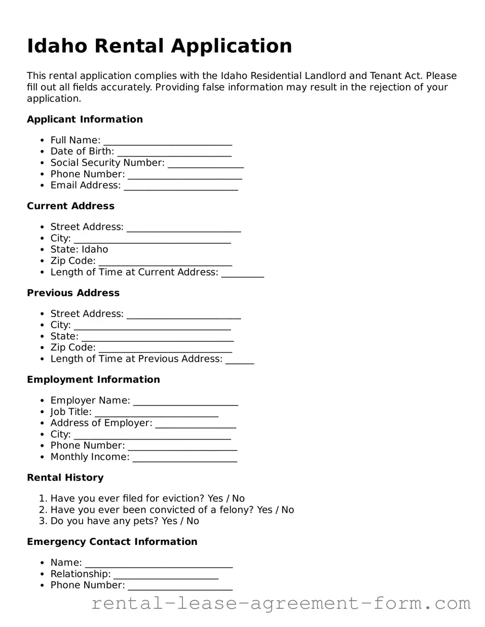 Legal Idaho Rental Application Template