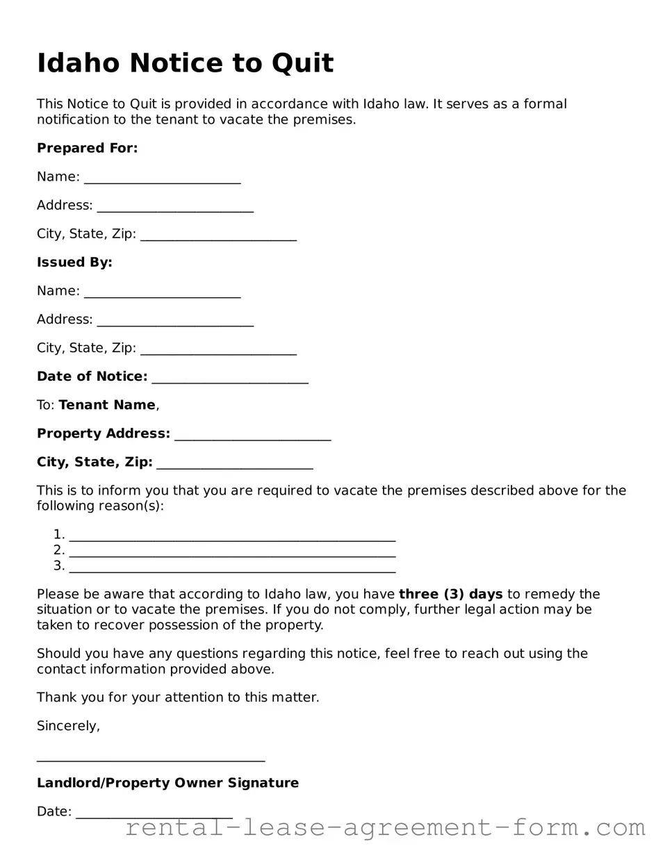 Legal Idaho Notice to Quit Template