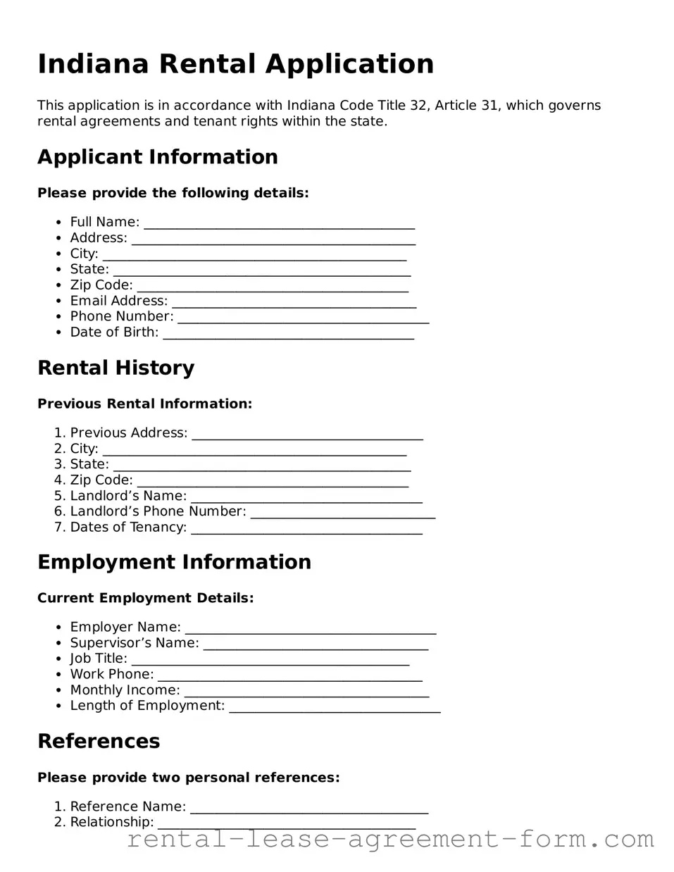 Legal Indiana Rental Application Template
