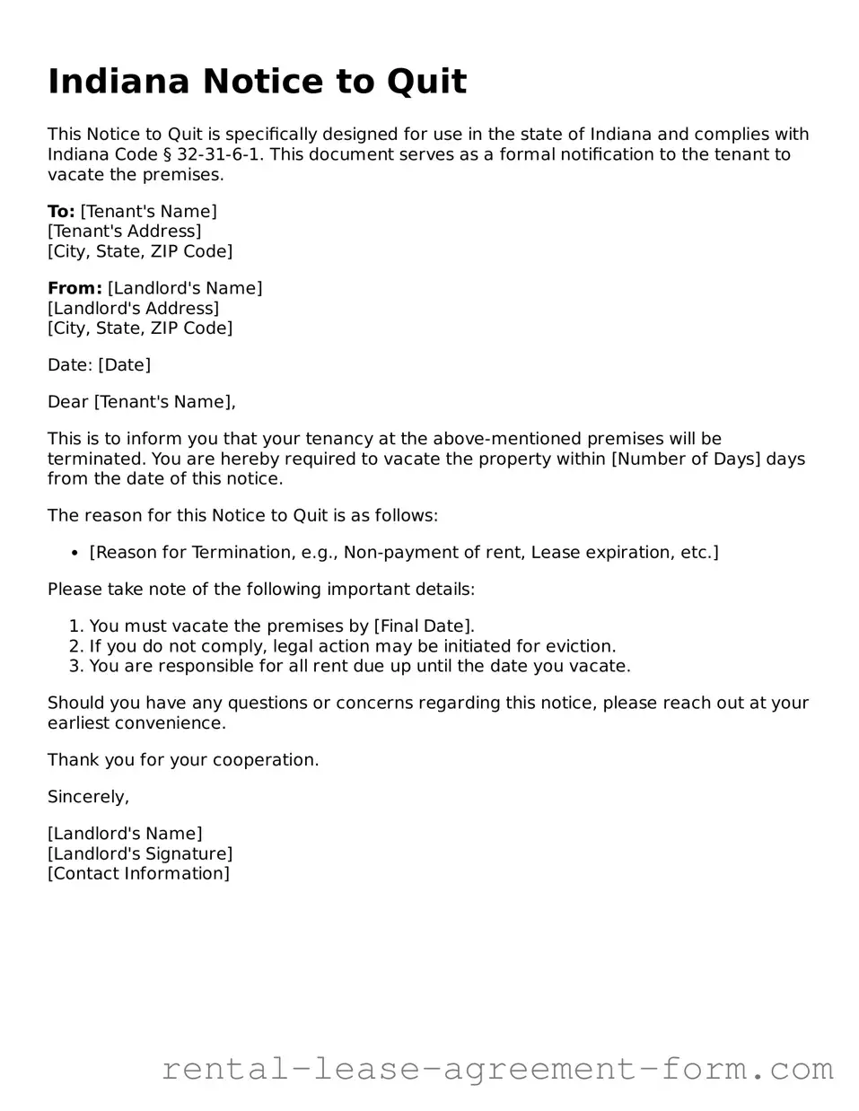 Legal Indiana Notice to Quit Template