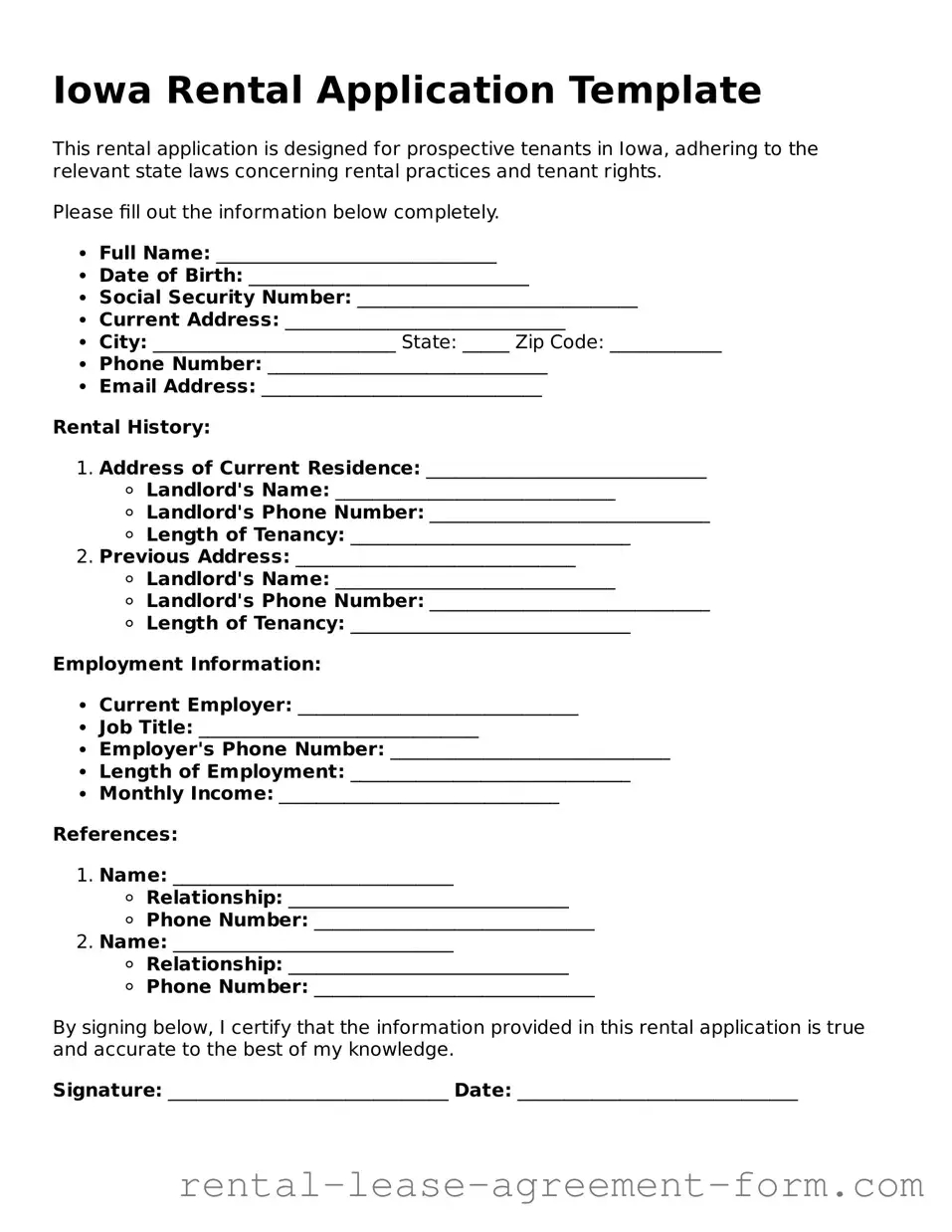Legal Iowa Rental Application Template