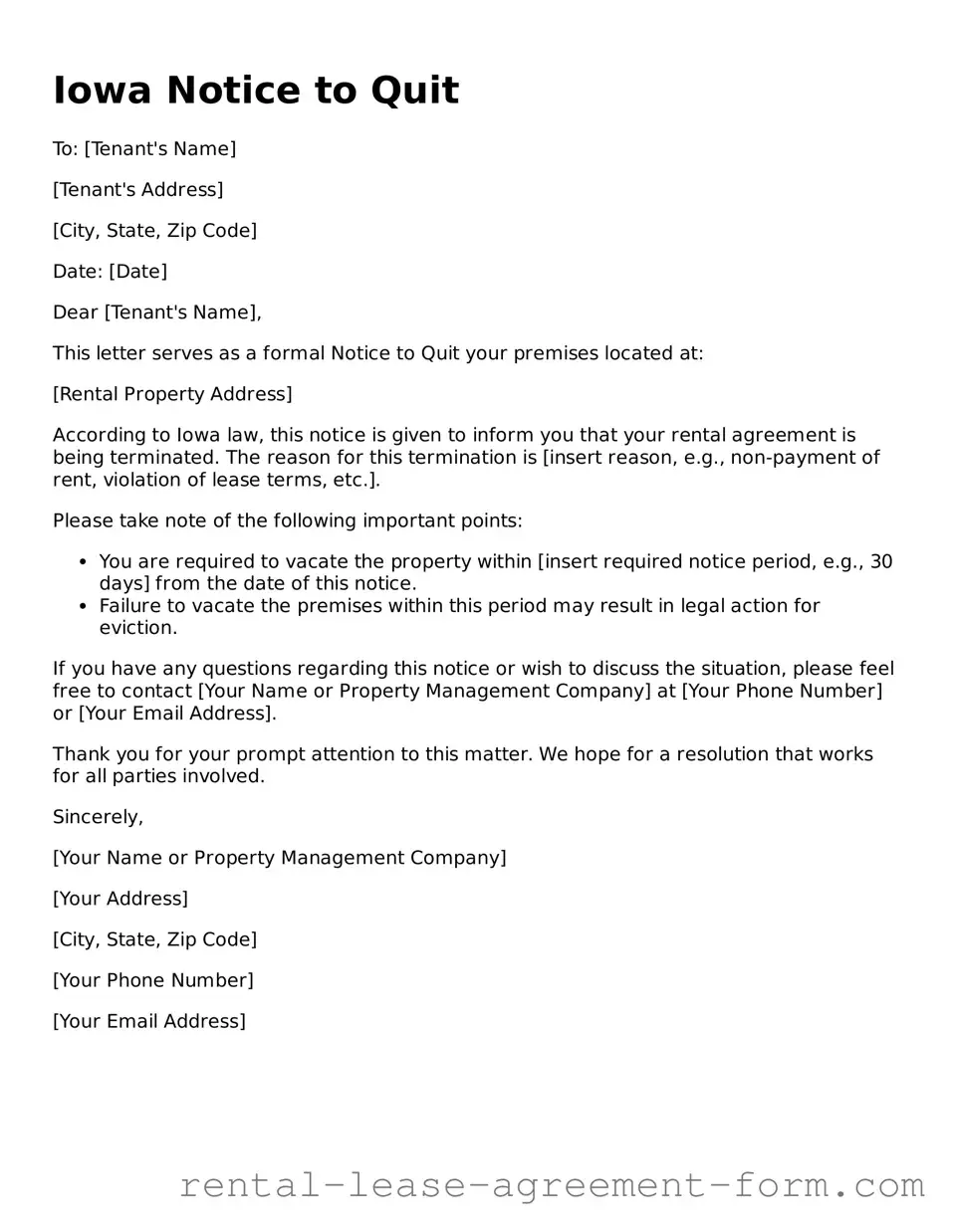 Legal Iowa Notice to Quit Template
