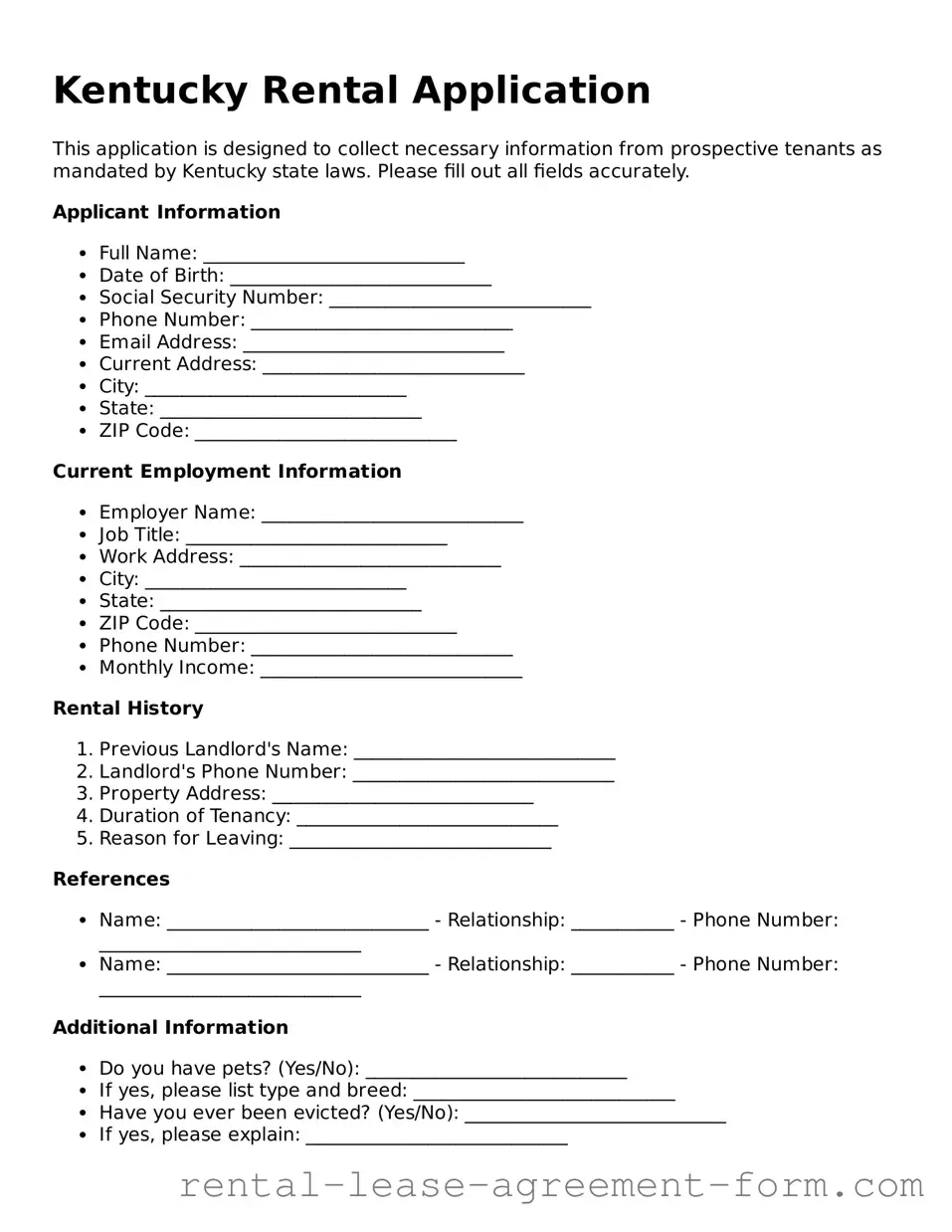 Legal Kentucky Rental Application Template