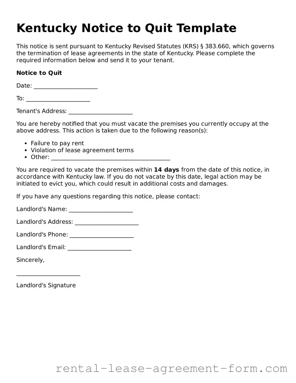 Legal Kentucky Notice to Quit Template