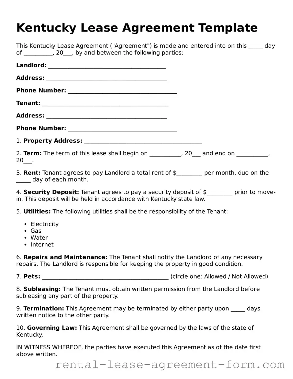 Legal Kentucky Lease Agreement Template