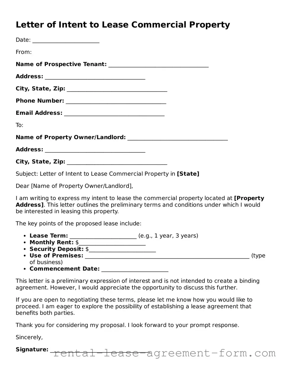 Legal Letter of Intent to Lease Commercial Property Form