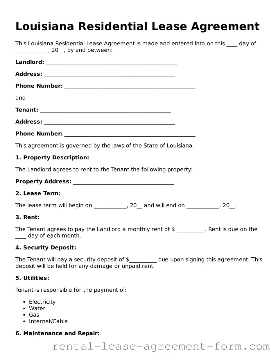 Legal Louisiana Residential Lease Agreement Template