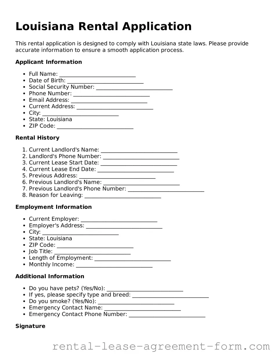 Legal Louisiana Rental Application Template