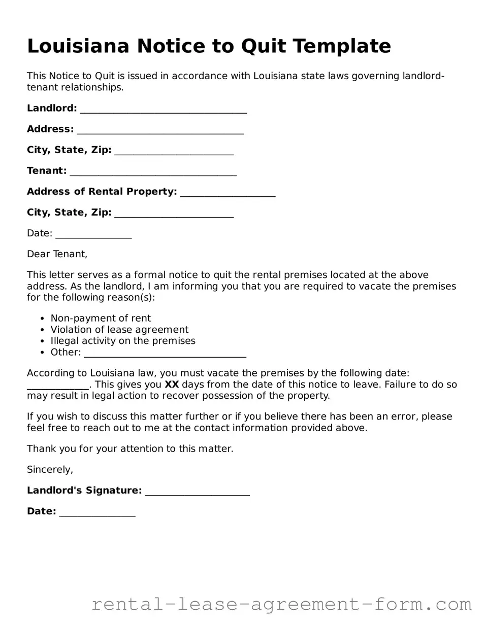 Legal Louisiana Notice to Quit Template