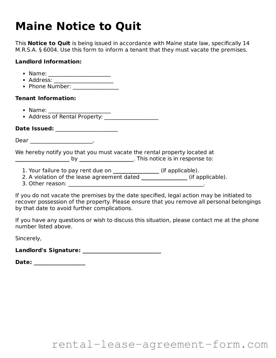 Legal Maine Notice to Quit Template