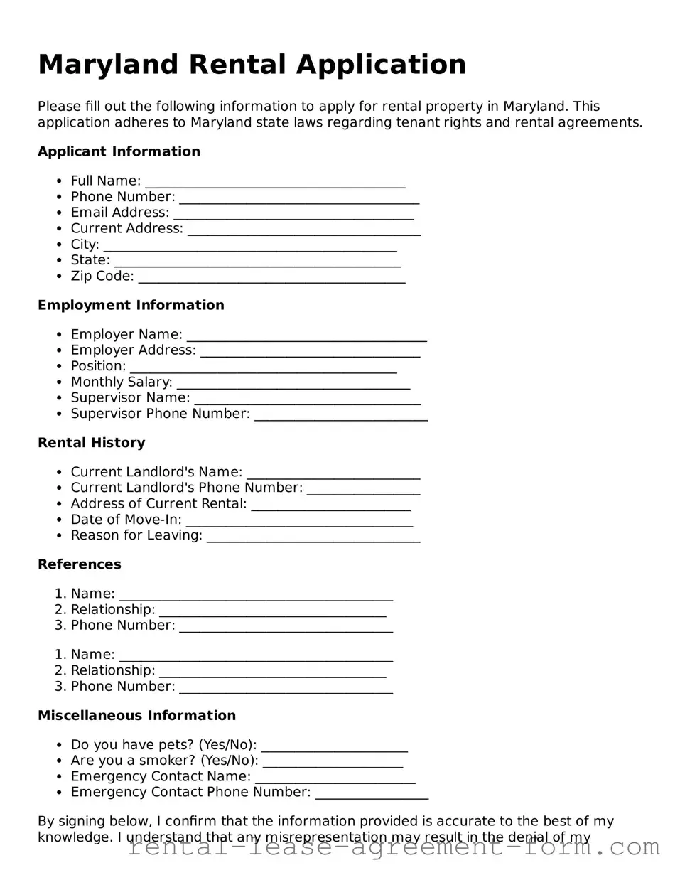 Legal Maryland Rental Application Template