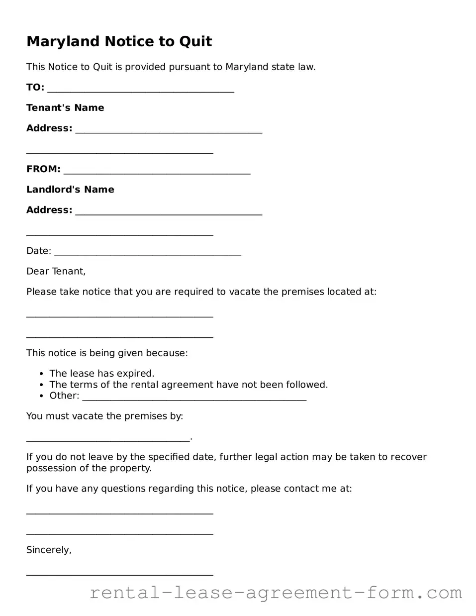 Legal Maryland Notice to Quit Template