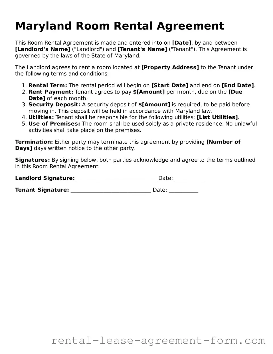Legal Maryland Room Rental Agreement Template