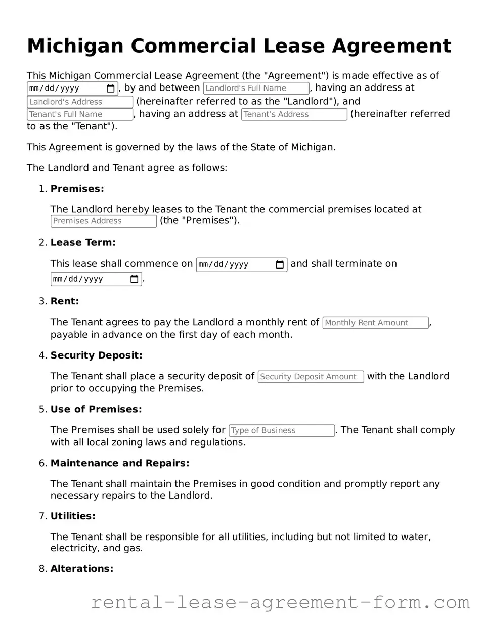 Legal Michigan Commercial Lease Agreement Template