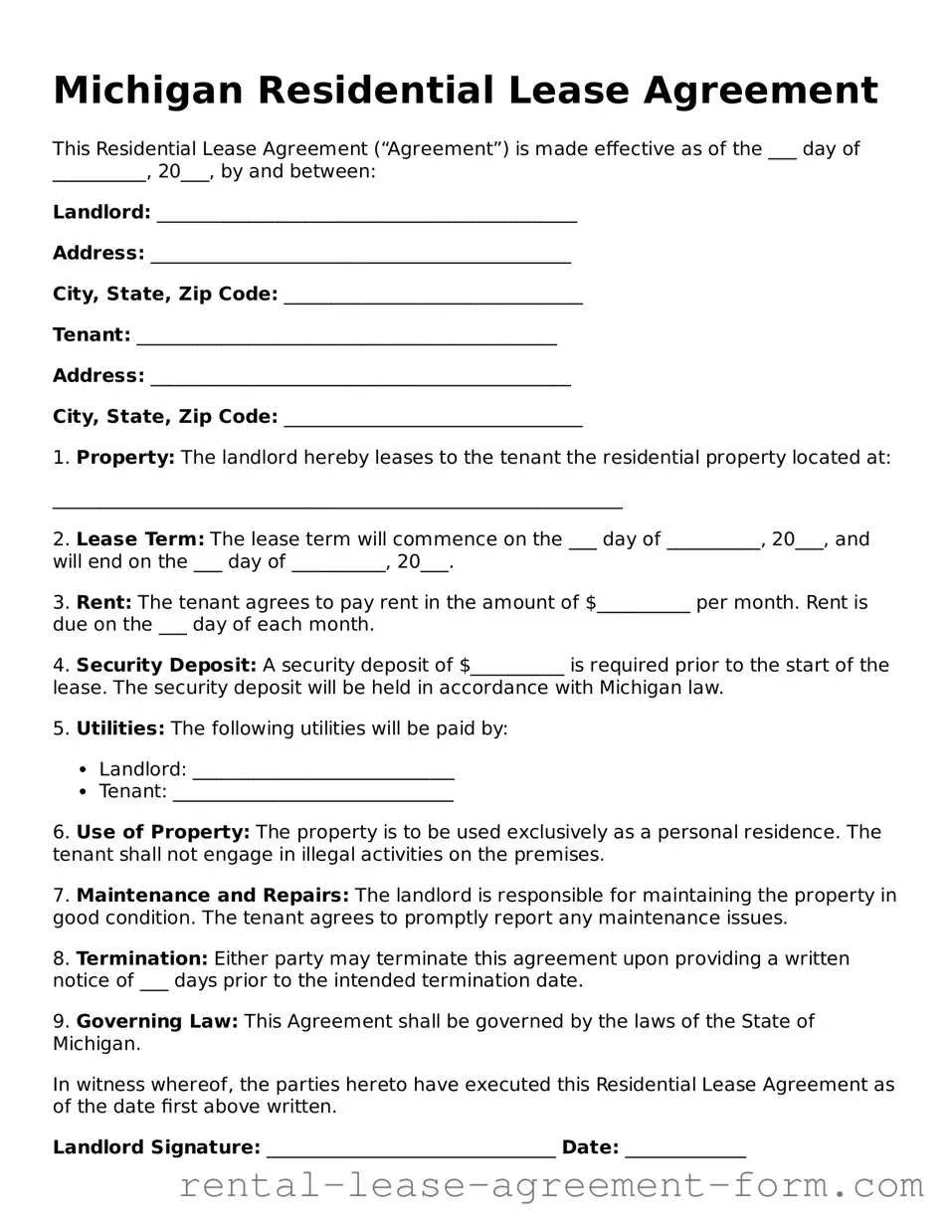 Legal Michigan Residential Lease Agreement Template