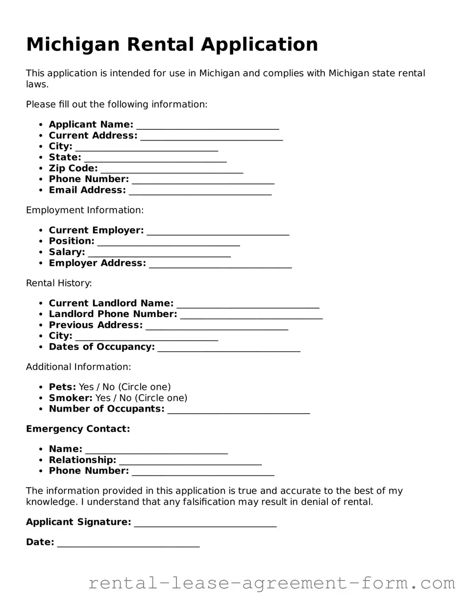 Legal Michigan Rental Application Template