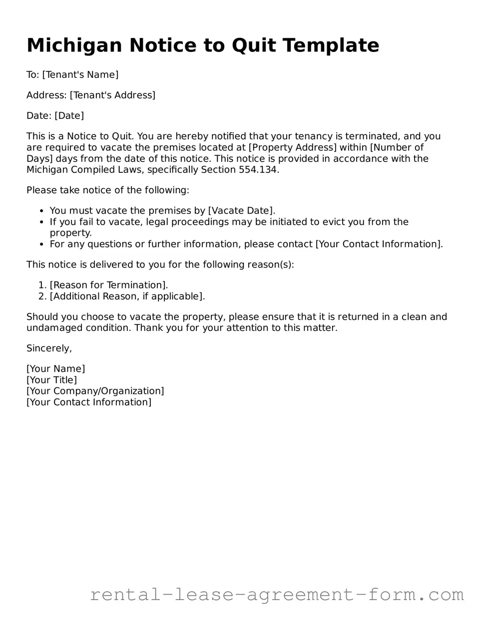 Legal Michigan Notice to Quit Template
