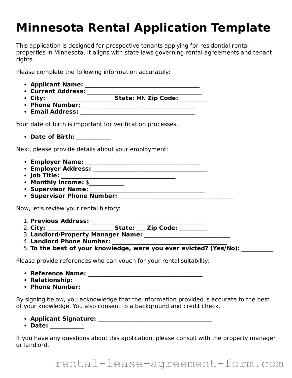 Legal Minnesota Rental Application Template