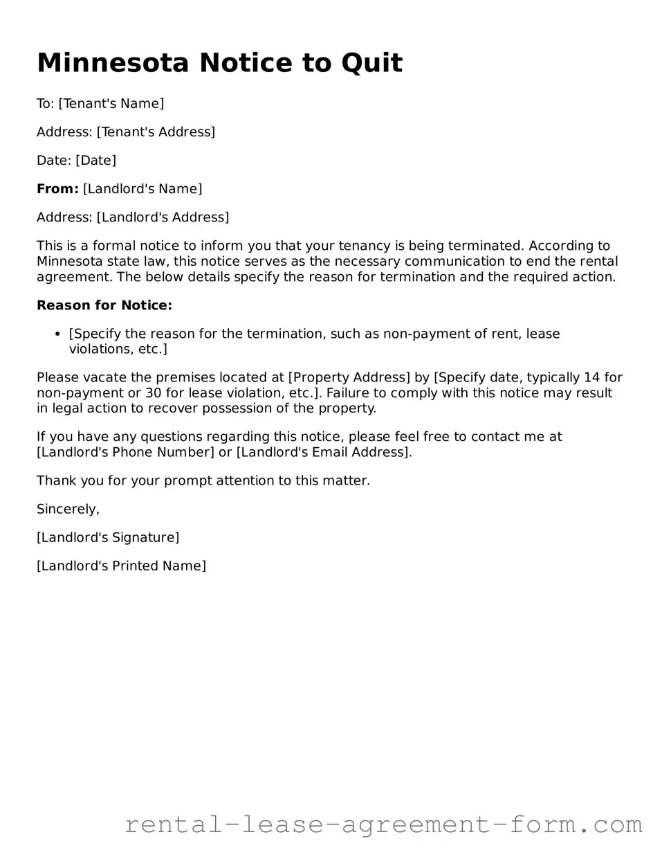 Legal Minnesota Notice to Quit Template