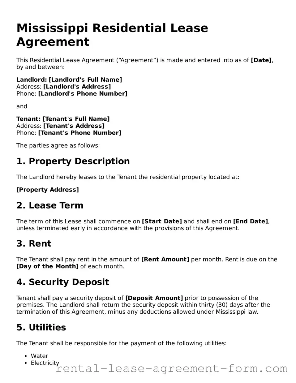 Legal Mississippi Residential Lease Agreement Template