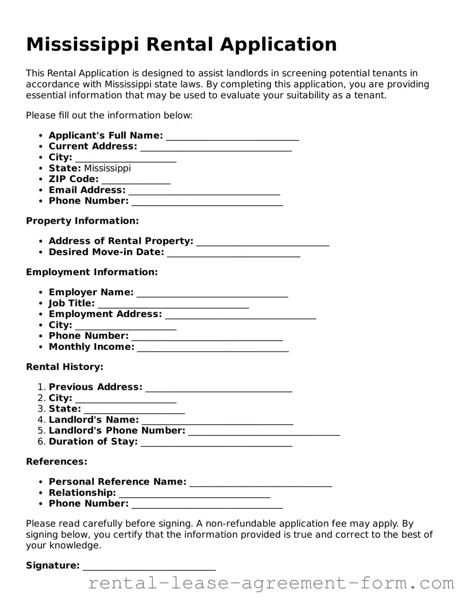 Legal Mississippi Rental Application Template
