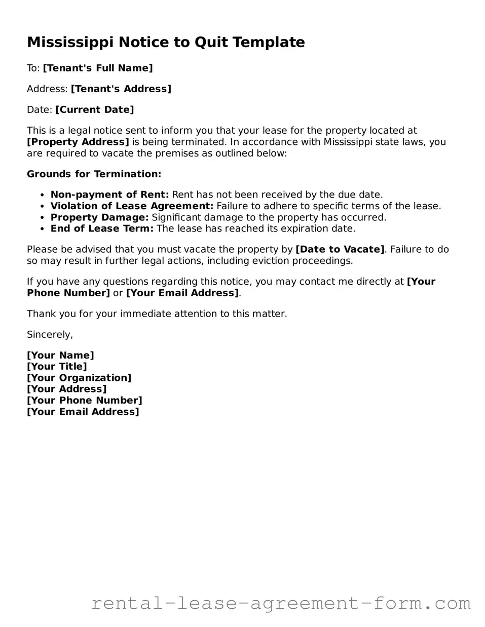 Legal Mississippi Notice to Quit Template