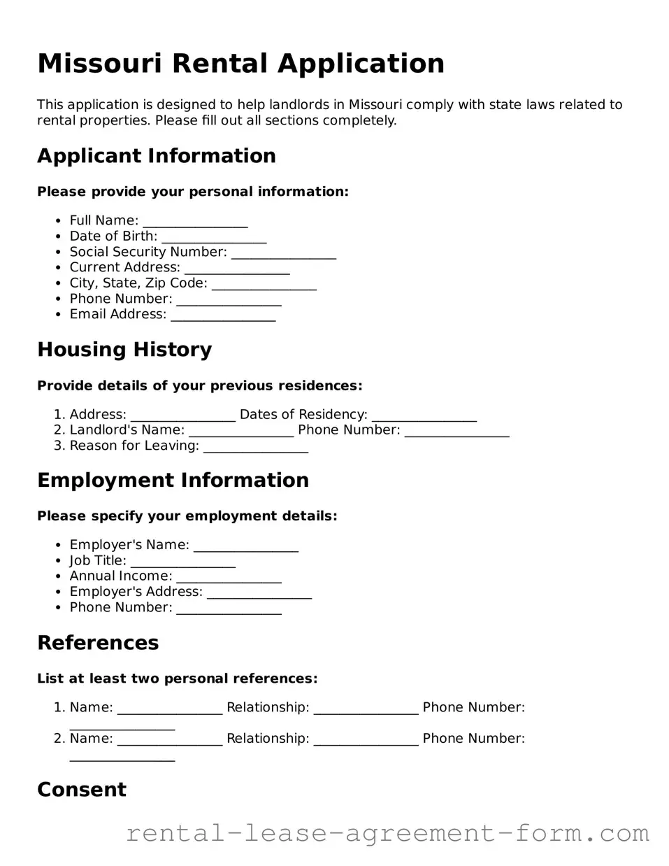 Legal Missouri Rental Application Template