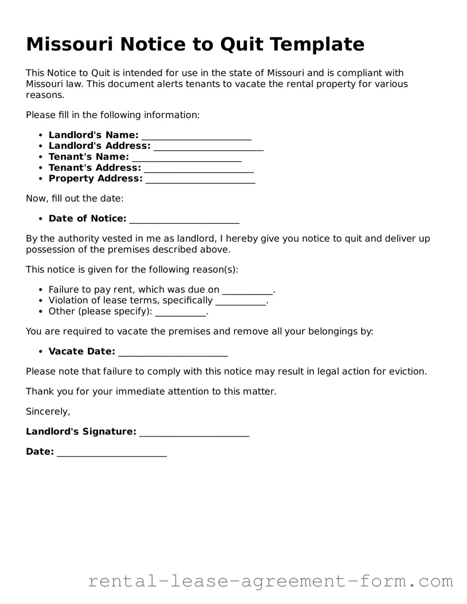 Legal Missouri Notice to Quit Template