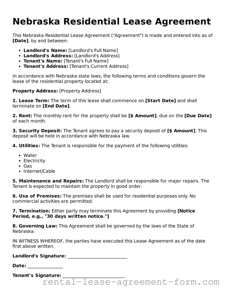 Legal Nebraska Residential Lease Agreement Template