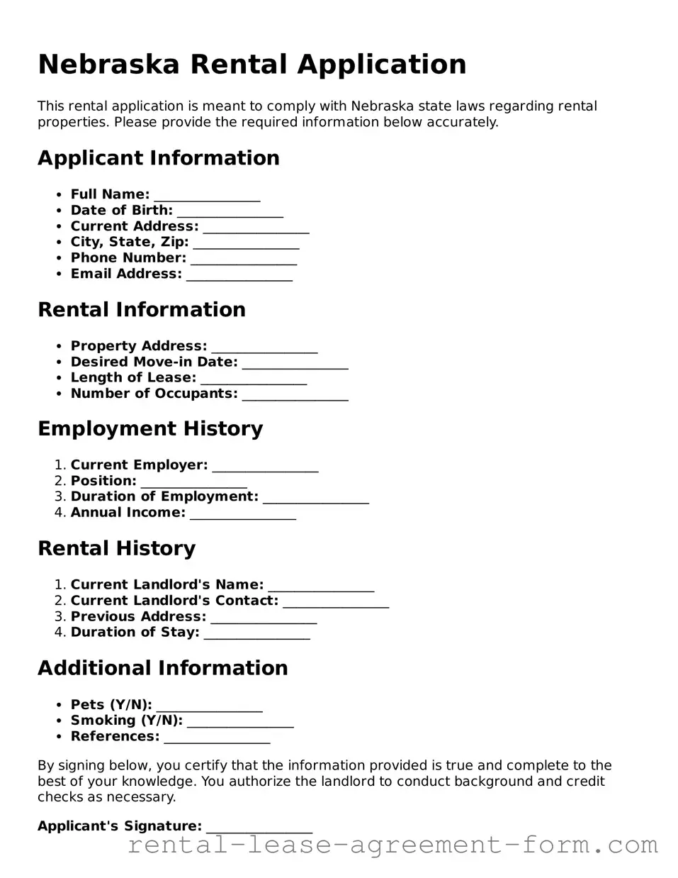 Legal Nebraska Rental Application Template